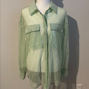 NWT House Of Harlow Sequin Embellished Sheer Green Button-Up Shirt